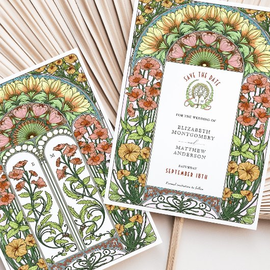 Orange Poppies & Daisies Jugendstil Save the Date Einladung