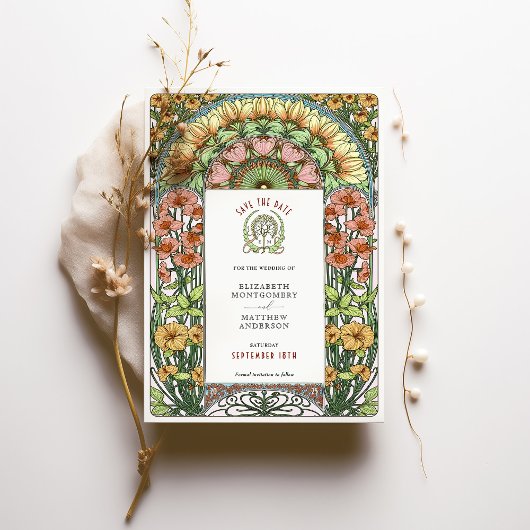 Orange Poppies & Daisies Jugendstil Save the Date Einladung