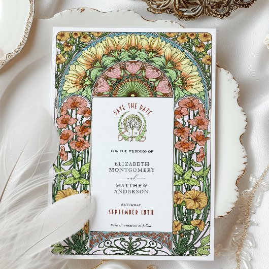 Orange Poppies & Daisies Jugendstil Save the Date Einladung