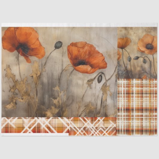 Orange Poppies & Kariert für Decoupage oder Giftwr Seidenpapier (Vorderseite)