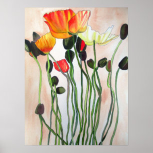 Orange Poppies originale Aquarellkunst Blume Poster