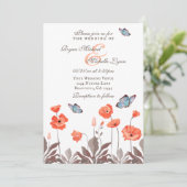 Orange Poppies und Blue Butterflies Blumenhochzeit Einladung (Stehend Vorderseite)