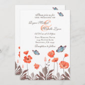Orange Poppies und Blue Butterflies Blumenhochzeit Einladung (Vorne/Hinten)