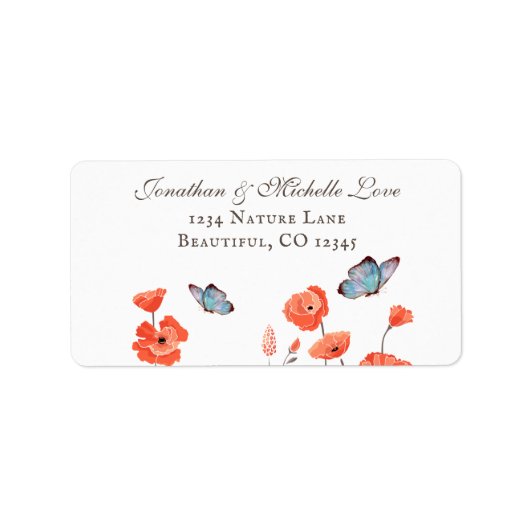 Orange Poppies und Blue Butterflies Floral Address Adressaufkleber (Vorne)