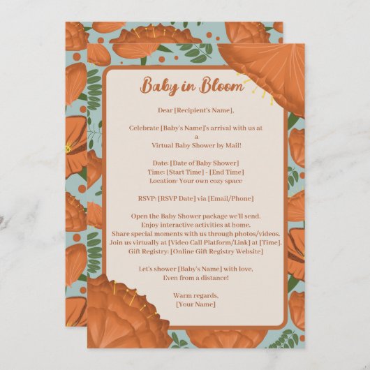 Orange Poppy Baby Dusche in der Ferne Einladung (Vorne/Hinten)