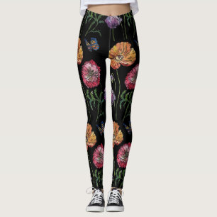 Orange Poppy Black Floral Watercolor Leggings