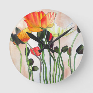 Orange Poppy Blume Aquarellmalerei Runde Wanduhr