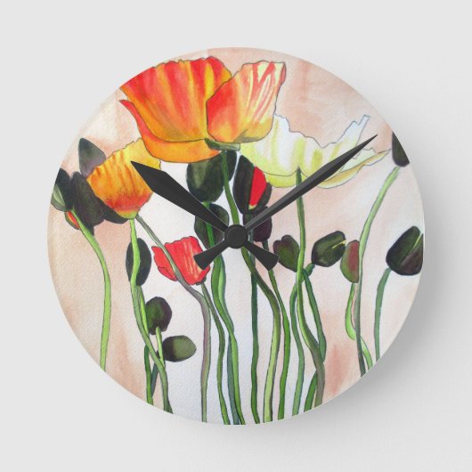 Orange Poppy Blume Aquarellmalerei Runde Wanduhr (Vorderseite)