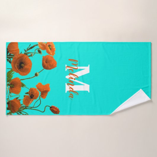 Orange Poppy Blume Floral Monogramm Anfangsname Badehandtuch (Badehandtuch)