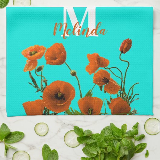 Orange Poppy Blume Floral Monogramm Anfangsname Geschirrtuch (Gefaltet)