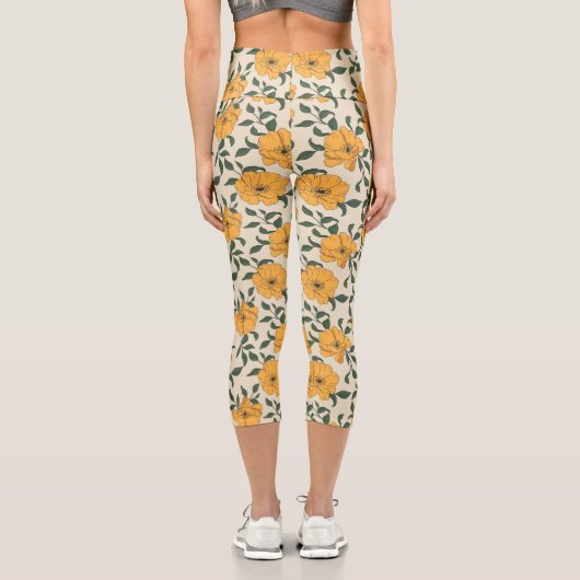 Orange Poppy Blume Pattern Capri Leggings (Rückseite)