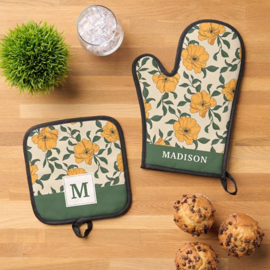 Orange Poppy Blume Pattern Ofenhandschuh & Topflappen-Set (Oben Unten)