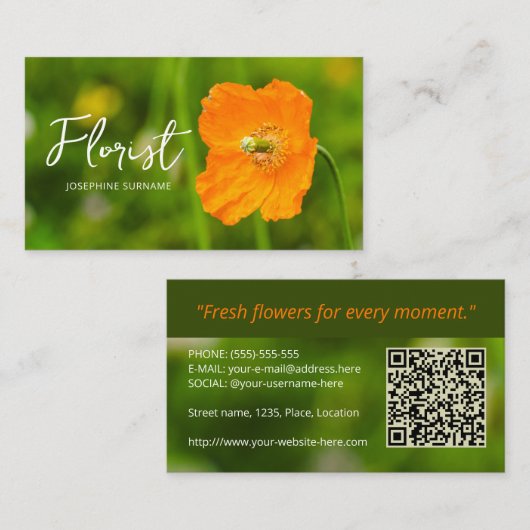 Orange Poppy Flower Summer Green Photo Florist Visitenkarte (Vorne/Hinten)