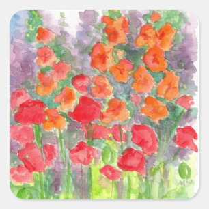 Orange Poppy Gladiola Blume Watercolor Garten Quadratischer Aufkleber