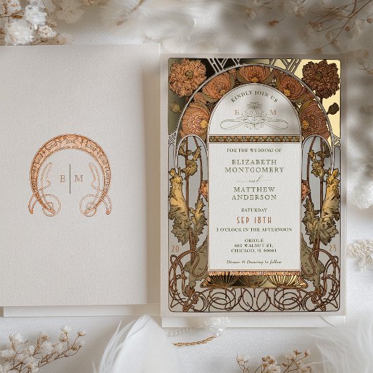 Orange Poppy Wedding Foil Art Nouveau Mucha Folieneinladung