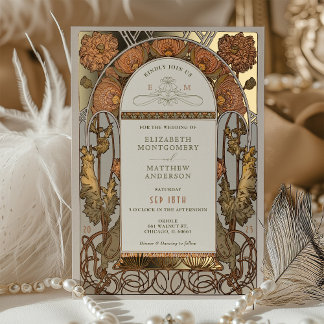 Orange Poppy Wedding Foil Art Nouveau Mucha Folieneinladung