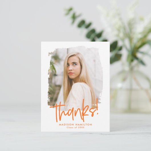 Orange | Preppy Script Foto Abschluss Vielen Dank Postkarte (Stehend Vorderseite)