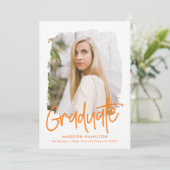 Orange | Preppy Script Foto Graduation Party Einladung (Stehend Vorderseite)
