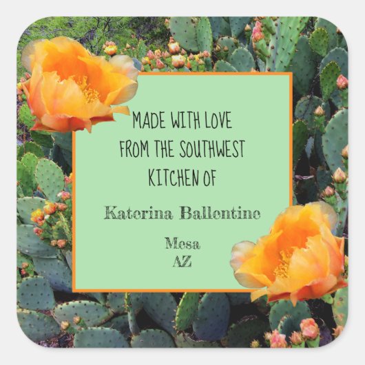 Orange Prickly Pear Cactus / "From the Kitchen of" Quadratischer Aufkleber (Vorderseite)