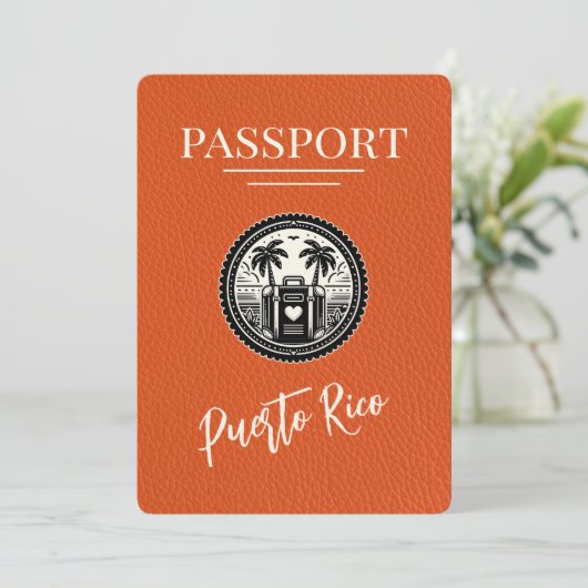 Orange Puerto Rico Passport Save The Date (Stehend Vorderseite)