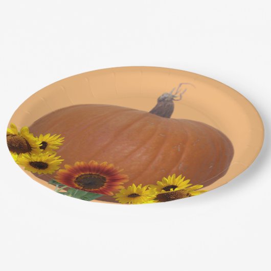 Orange Pumpkin and Sunflowers Thanksgiving   Pappteller (Schrägansicht)