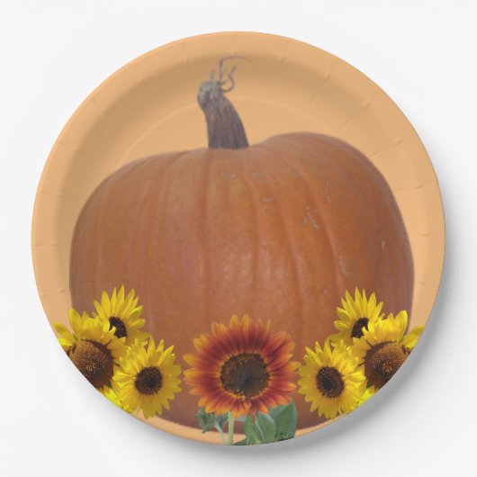 Orange Pumpkin and Sunflowers Thanksgiving   Pappteller (Vorderseite)