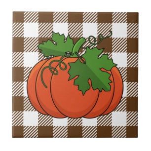 Orange Pumpkin auf weißbraunes, kariertes Muster Fliese