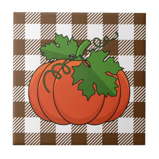 Orange Pumpkin auf weißbraunes, kariertes Muster Fliese (Vorderseite)