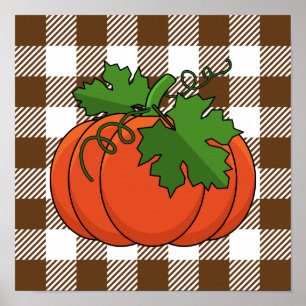 Orange Pumpkin auf weißbraunes, kariertes Muster Poster