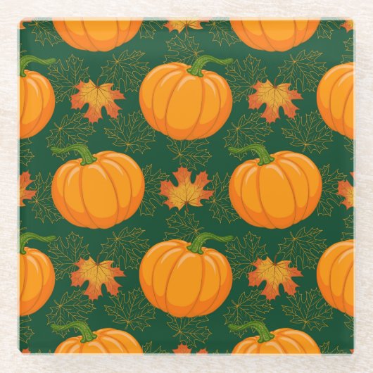Orange Pumpkin Autumn Leaves Muster Glasuntersetzer (Vorderseite)