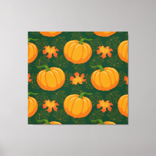 Orange Pumpkin Autumn Leaves Muster Leinwanddruck