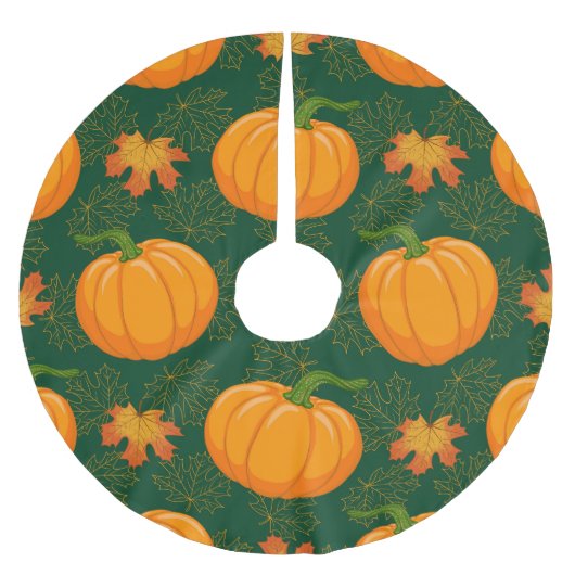Orange Pumpkin Autumn Leaves Muster Polyester Weihnachtsbaumdecke (Vorderseite)