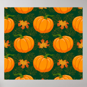 Orange Pumpkin Autumn Leaves Muster Poster