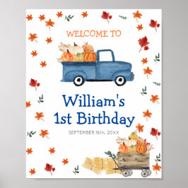 Orange Pumpkin Blue Truck Geburtstag Begrüßungszei Poster