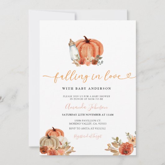 Orange Pumpkin Falling in Liebe Fall Babydusche Einladung (Vorderseite)