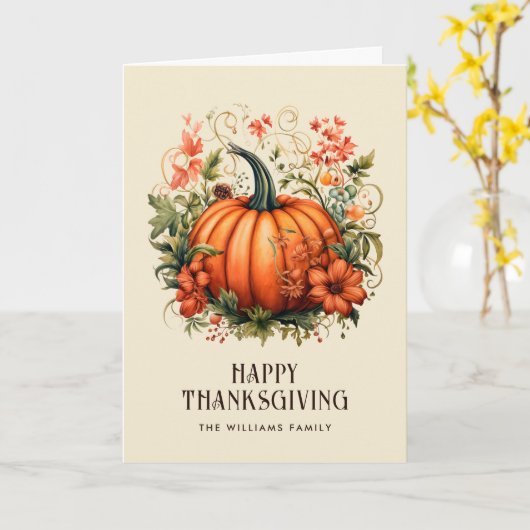 Orange Pumpkin Floral Foto Happy Thanksgiving Karte (Gelbe Blume)