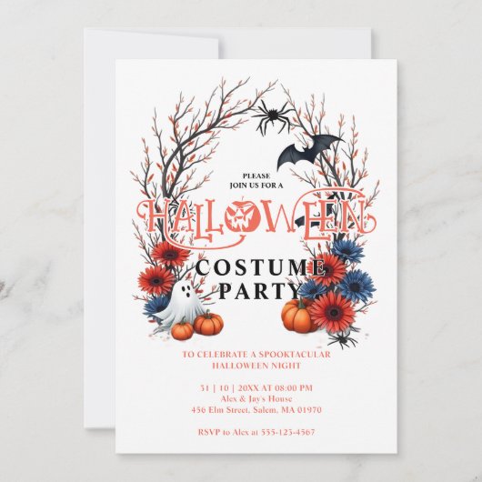 Orange Pumpkin Ghost Bats Spiders Halloween Einladung (Vorderseite)