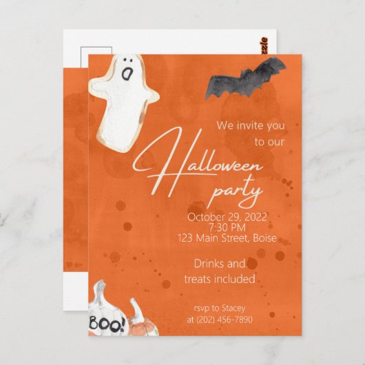 Orange Pumpkin & Ghost Halloween-Party Einladung Postkarte (Vorne/Hinten)