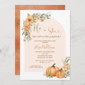 Orange Pumpkin, He or she Fall Floral Gender Revea Einladung (Vorne/Hinten)