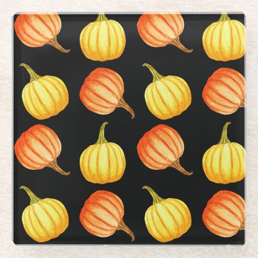 Orange Pumpkin: Nahtloses Wasserfarbmuster. Glasuntersetzer (Vorderseite)