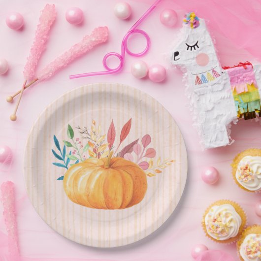 Orange Pumpkin on Pink and Gold Streifen Pappteller (Party)