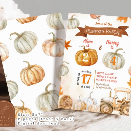 Orange Pumpkin Patch Tractor Joint Birthday Einladung