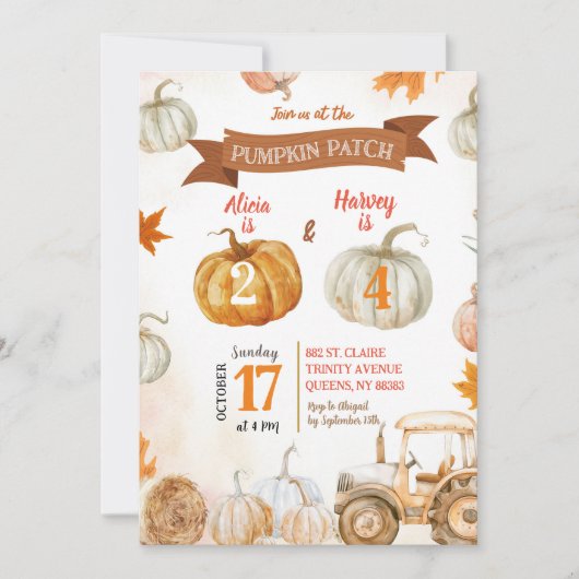 Orange Pumpkin Patch Tractor Joint Birthday Einladung (Vorderseite)