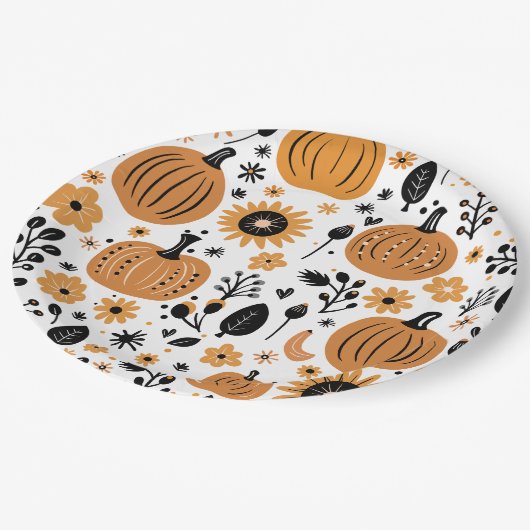 Orange Pumpkin Pattern Erntedank Dinner Party Pappteller (Schrägansicht)