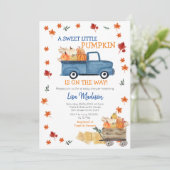 Orange Pumpkin Truck Baby Shower Girl Einladung (Stehend Vorderseite)