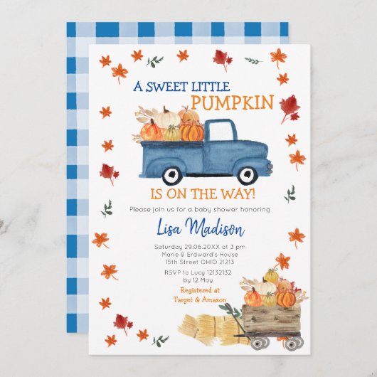 Orange Pumpkin Truck Baby Shower Girl Einladung (Vorne/Hinten)