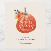 Orange Pumpkin Watercolor Thanksgiving Dinner  Weinetikett (Einzelnes Label)