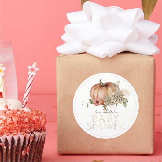 Orange Pumpkin & White Dahlia Baby Dusche Runder Aufkleber (Party)
