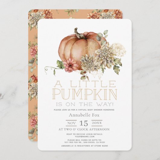 Orange Pumpkin & White Dahlia Virtual Baby Dusche Einladung (Vorne/Hinten)