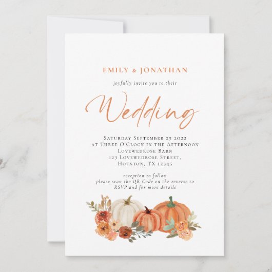 Orange Pumpkins Autumn Florals QR Code Wedding Inv Einladung (Vorderseite)